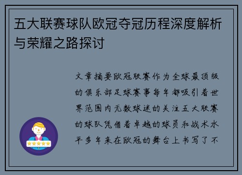 五大联赛球队欧冠夺冠历程深度解析与荣耀之路探讨