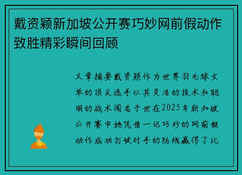 戴资颖新加坡公开赛巧妙网前假动作致胜精彩瞬间回顾