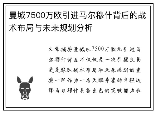 曼城7500万欧引进马尔穆什背后的战术布局与未来规划分析